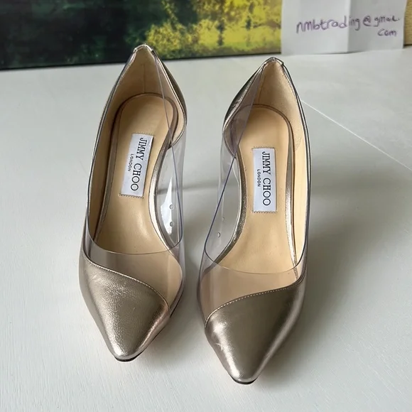 Jimmy Choo champagne color & plastic trim 8.5M(38.5) pointed toe classic pumps